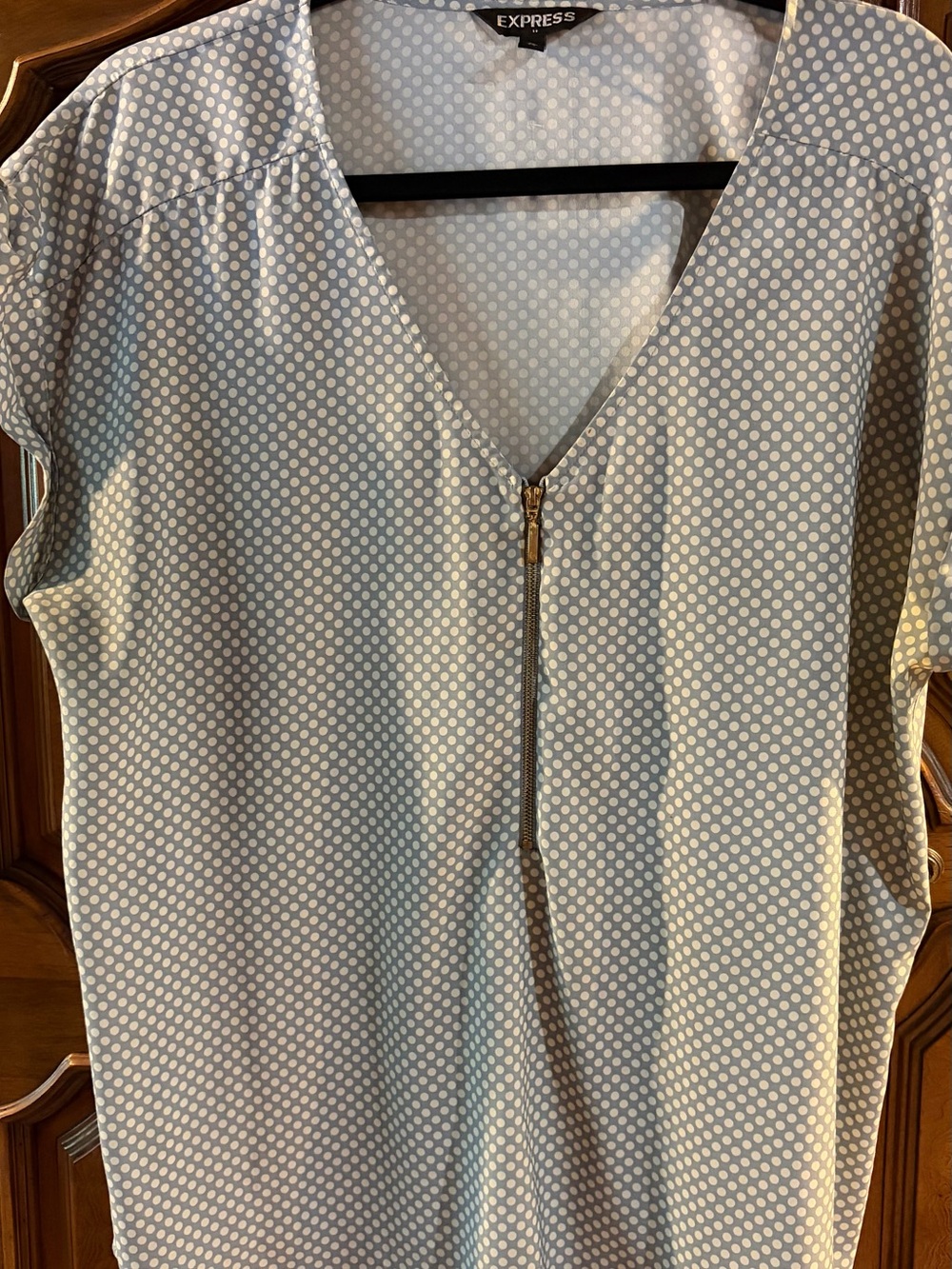Express Light Blue Polka Dot Zip-Front Blouse